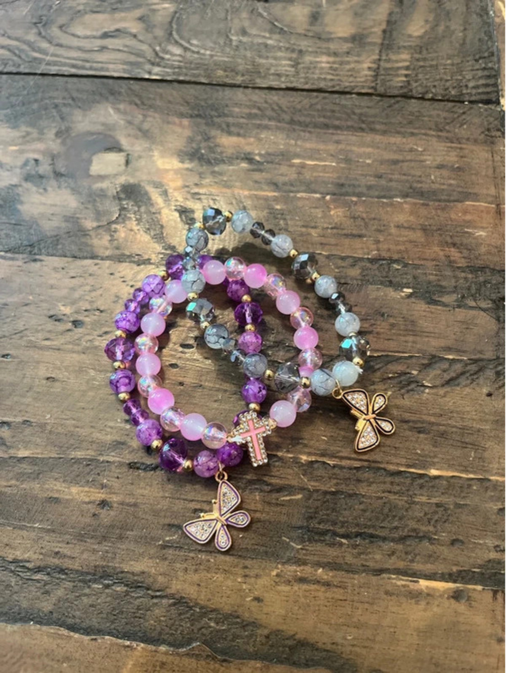 Y2K Beaded Charm Bracelet Stack - Butterfly & Cross Charms (3-Pack)